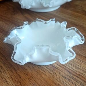 .Vintage Fenton Silver Crest White Milk Glass Candy Dish Trinket Dish Clear Ruff